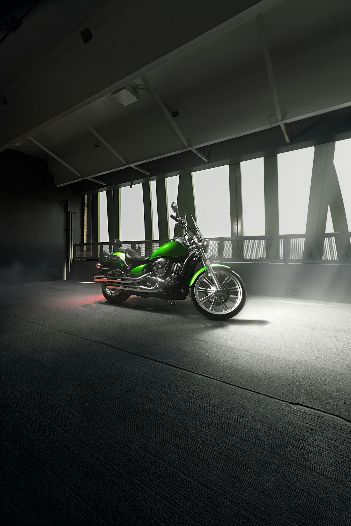 Green Kawasaki cruiser motorcycle